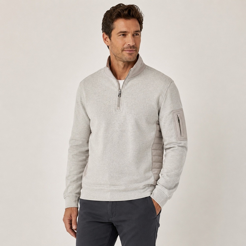 Bugatchi Mens M Mixed Media Quarter Zip Pullover Chalk Gray Utility Pocket
